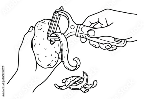 Hand peeling potato illustration, kitchen tool vector sketch, food preparation concept.