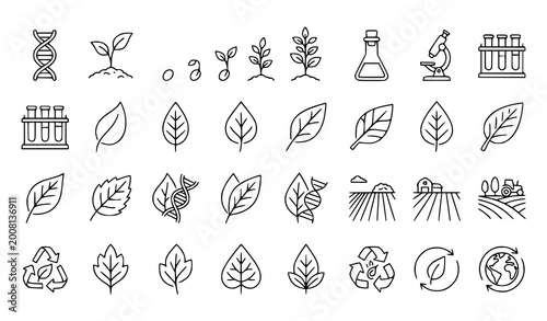 Bilde på lerret Agricultural biotechnology and plant science line icon set with DNA crop growth