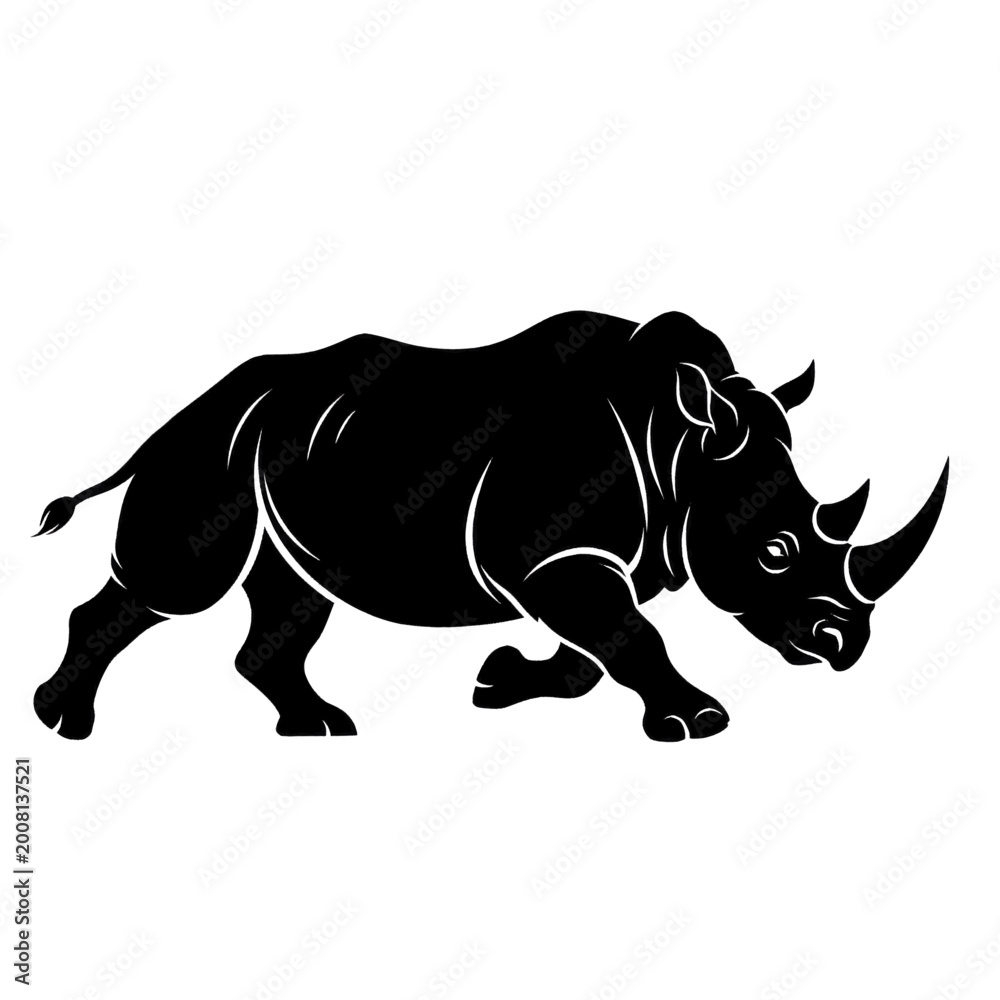 Obraz premium Silhouette of a powerful rhinoceros charging forward with its horn prominent.