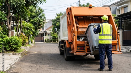 Garbage Collector Loading Trash Bin into Truck in Residential Neighborhood