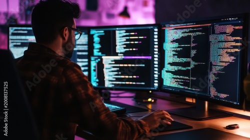 programmer working on multiple computer screens in dark room