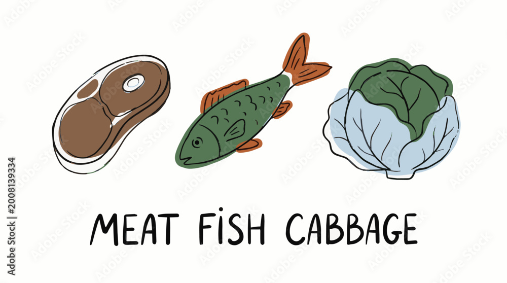 Fototapeta premium Freshly Prepared Meat Fish and Cabbage Illustration.