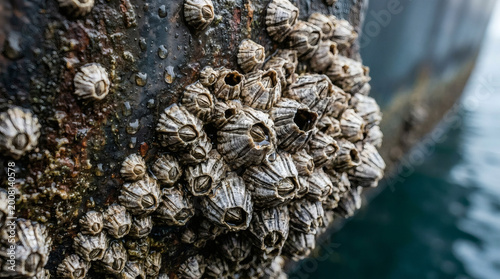 Closeup of a cluster of barnacles attached to a rocky surface near water