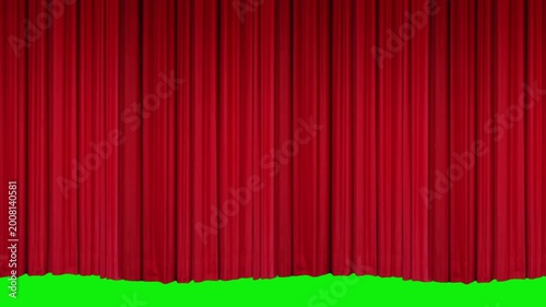 Cinematic red velvet curtain rising toward the top side to reveal green screen backdrop with smooth fabric animation, ideal for movie intros, broadcast transitions, and theatrical presentations.