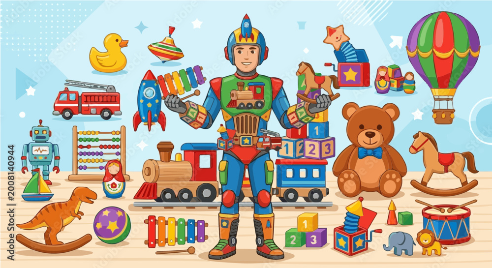 Fototapeta premium Vibrant illustration of a robot character surrounded by various classic toys including a teddy bear, train, blocks, and rocking horse on a light wooden floor with a soft blue backdrop.