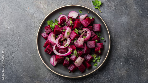 Schilderij op canvas fresh beetroot and onion salad with parsley garnish in a bowl