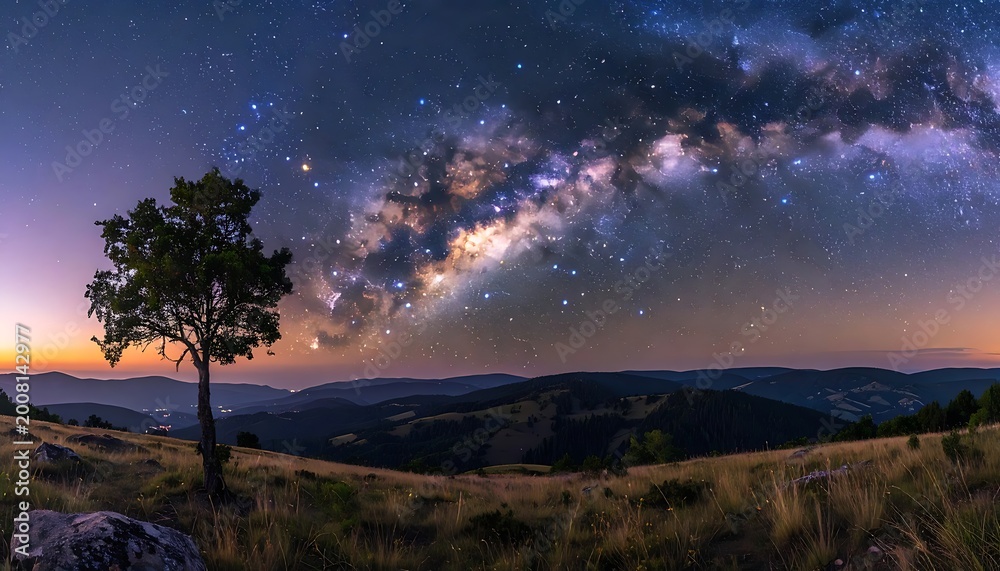 Fototapeta premium A lone tree under a starry night sky with the Milky Way (2)