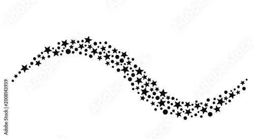 Black starburst particles wave, twinkling dots, starry night sky effect, vector sparkles