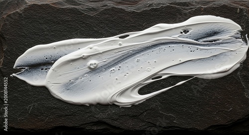 Close-up of a thick, creamy white cosmetic product smear on a dark, textured background, showcasing its smooth texture and subtle sheen.