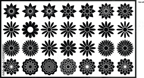Minimalist Geometric Flower and Mandala Icon Set featuring 28 Modern Nature Symbols and Abstract Circular Line Art Designs