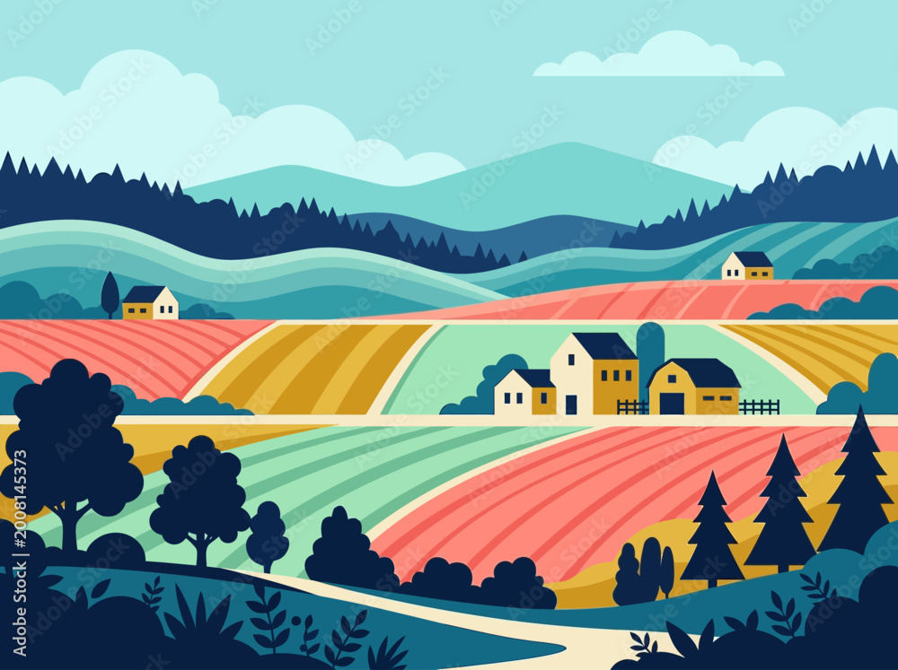 Obraz premium Flat Design Colorful Rural Landscape with Farm Houses and Rolling Fields under Mountains - Vector Illustration Style