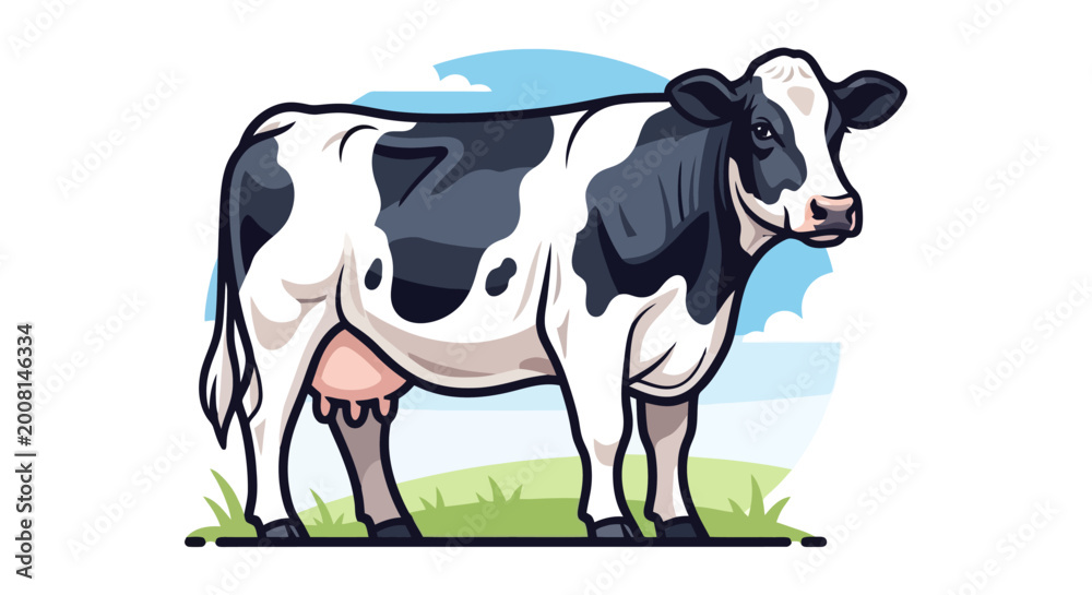 Fototapeta premium A detailed vector illustration of a black and white Holstein dairy cow standing in a green pasture under a blue sky.