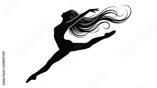 Canvas-taulu Ballerina performs a graceful mid-air leap with flowing hair silhouette
