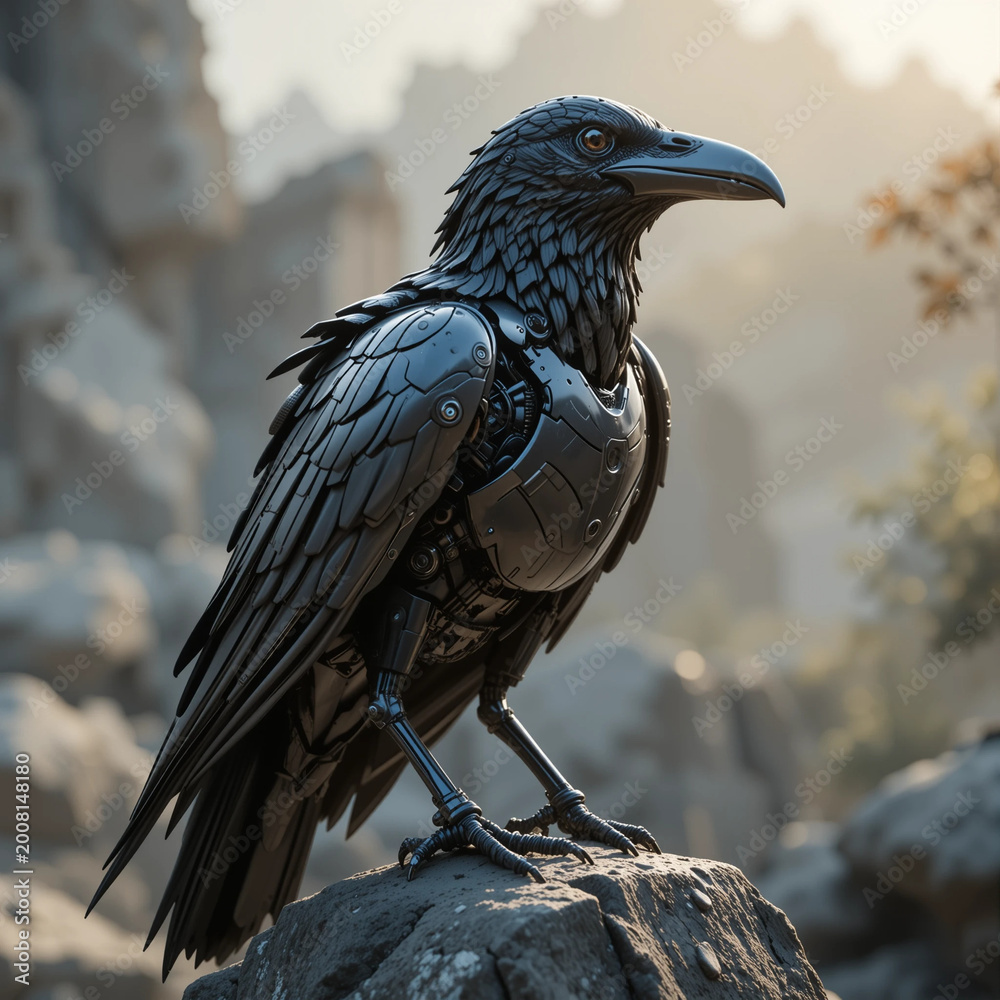 Fototapeta premium Robotic Raven with Glossy Metal Feathers