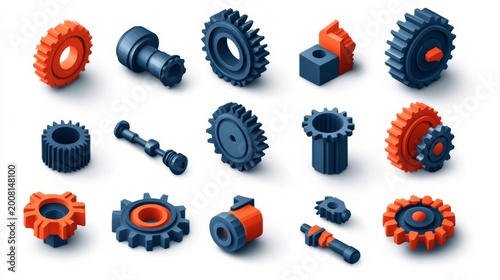 Isometric gears and tools, representing settings or engineering, 3D icon set no shadow, plain white background