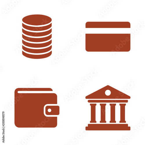 Photos Title: purple of coins credit card wallet and bank building with white backgroun