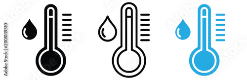 Thermometer icons with water droplets on white background for temperature and heat concepts