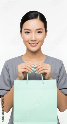 Smiling woman holds a shopping bag against a clean white background