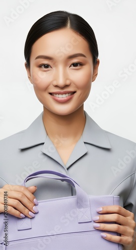 Smiling woman holds bag against neutral background