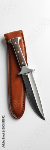 Sharp hunting knife with worn leather sheath isolated on a clean white surface, survival, white