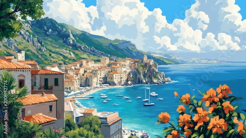 Sicily Italy Poster Illustration Travel Print Decor Gift Paper Canvas Wall Retro Art