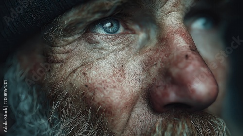 Elderly man with blue eyes and facial hair looks thoughtfully