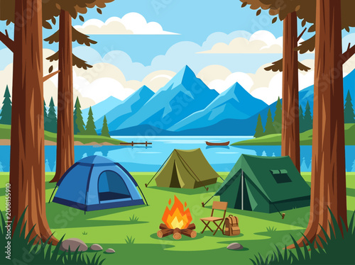 Tableau sur toile Flat Vector Illustration of a Summer Camping Site with Tents, Campfire, and Moun