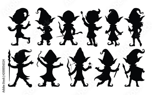 Black silhouettes of fantasy elves in various poses with hats and weapons on white background