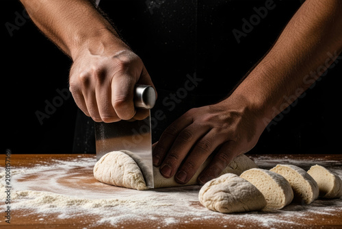 Baker Cutting Bread Dough with Bench Scraper on Floured Wooden Table — Chef Hands Portioning Raw Dough on Dark Background