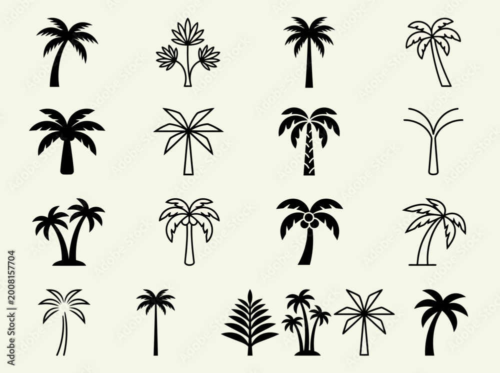Fototapeta premium Minimalist Palm Tree Icon Collection - 16 Tropical Silhouette and Line Art Symbols for Branding and Summer Design