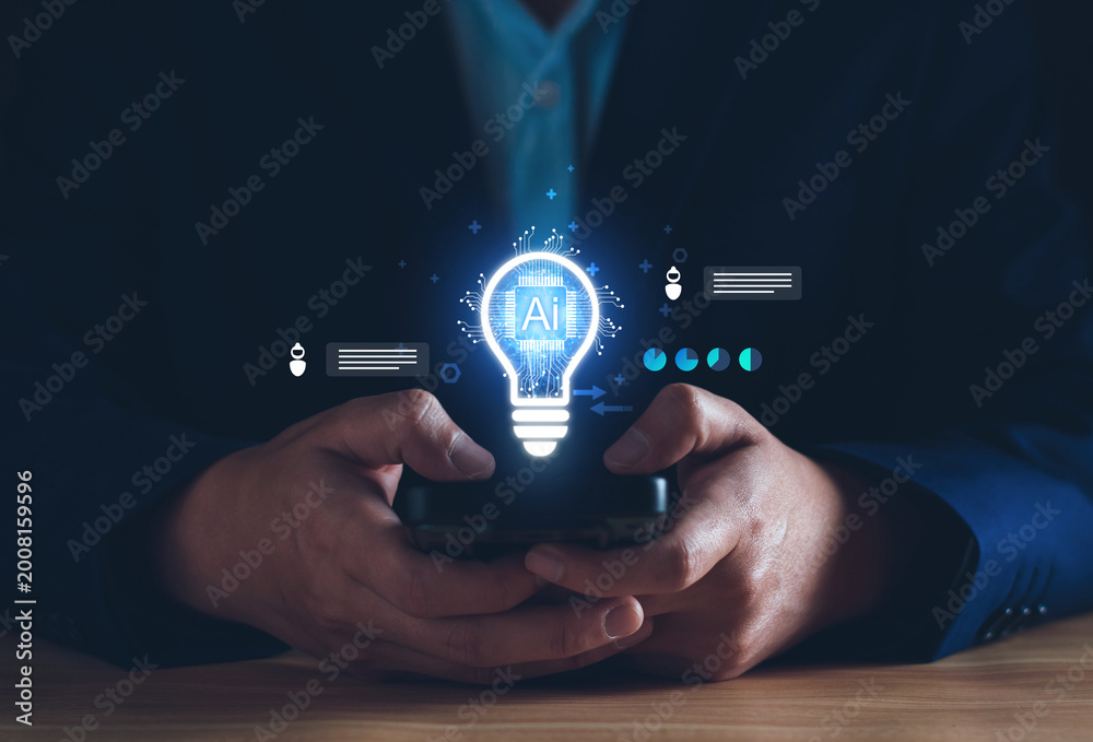 Fototapeta premium Concept of AI driven creativity and smart business ideas. digital lightbulb with AI processor icon, artificial intelligence integration, innovative thinking, data analysis, creative problem solving.