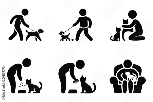 Photography Pet care icons showing people walking dogs and feeding cats, minimal icon collec