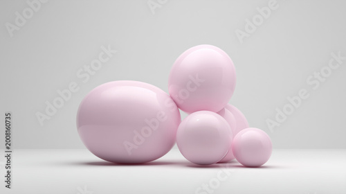 Pink sphere composition creates a visually appealing and abstract scene with various sizes of spheres in soft pink hues and smooth reflective surfaces