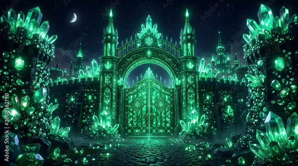 Fototapeta premium Enchanted Emerald Crystal Gate of a Magical Fantasy City at Night with Glowing Gems