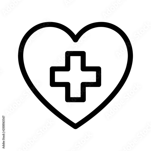 Black outline heart icon with a medical cross symbol for healthcare and hospital design
