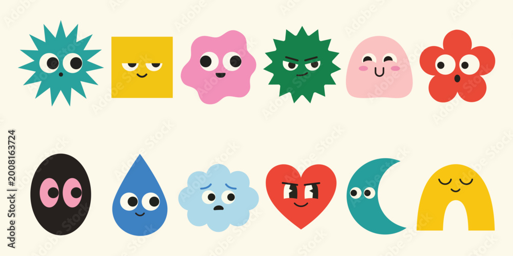 Fototapeta premium Cute Abstract Character Collection - Fun Vector Set of Colorful Geometric Shapes with Faces, Including Heart, Cloud, Star, and Drop Icons for Kids Design, Stickers, and Modern Minimalist Branding.