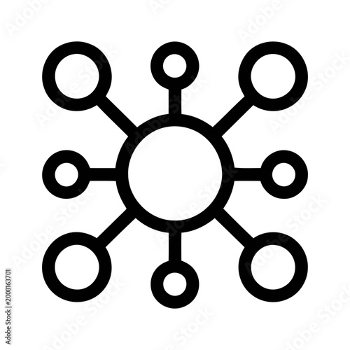 Black line icon of a central circle connected to smaller circles representing a network structure