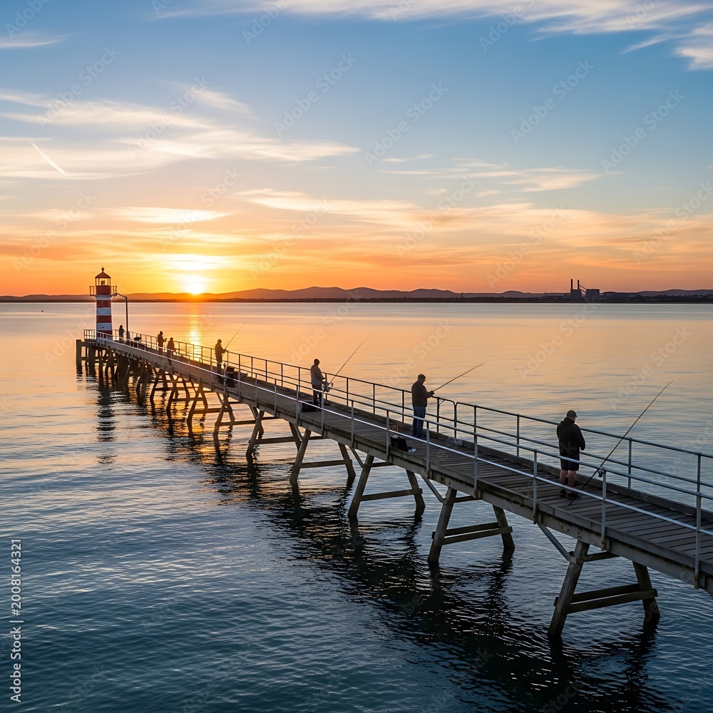 Fototapeta premium Fishermen cast lines from a pier at sunrise, with a distant lighthouse and calm water