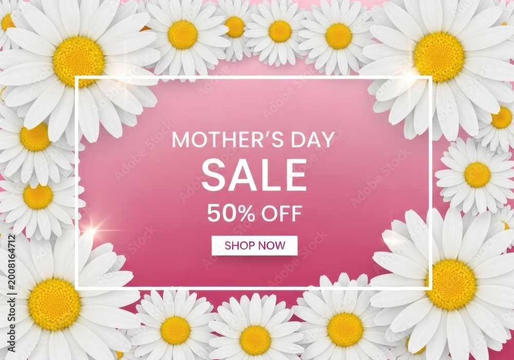 Obraz premium Mother day sale banner with pink watercolor brush stroke background and white daisy flowers border