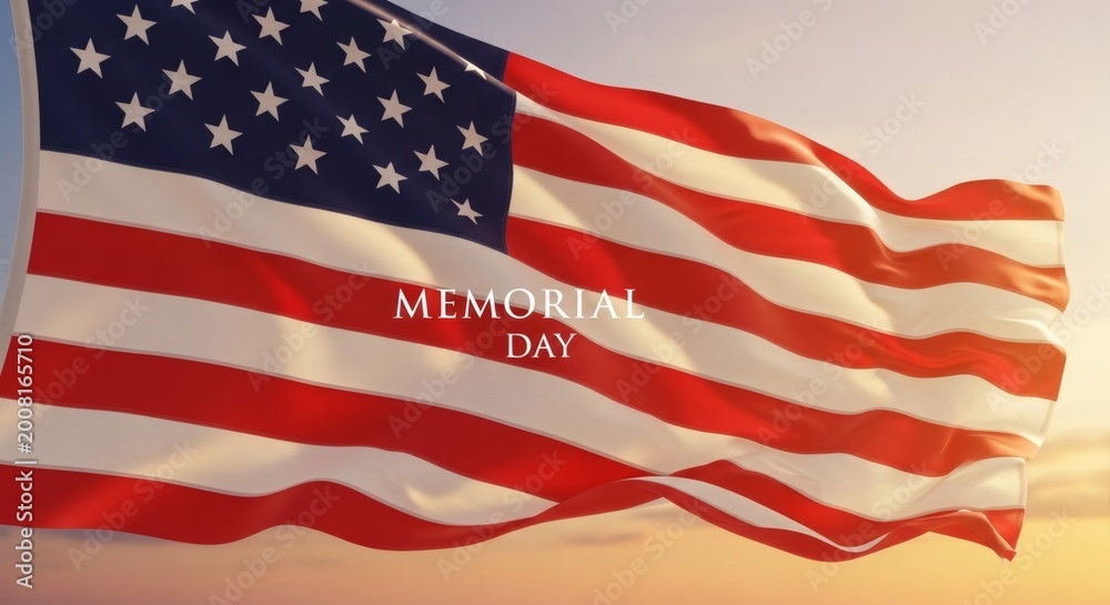 Obraz premium Memorial Day American Flag Waving in Golden Sunset Light