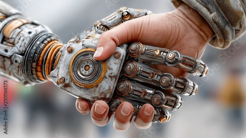 Robot and human hands shake during technology event