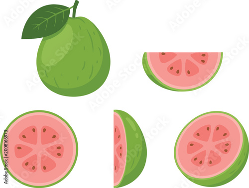 Cuadro en lienzo Guava Fruit Vector Illustration Set with Whole and Sliced Pieces Fresh Tropical
