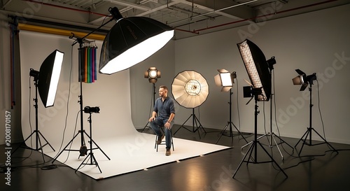 Photographer sits on a stool in a professional studio setting.