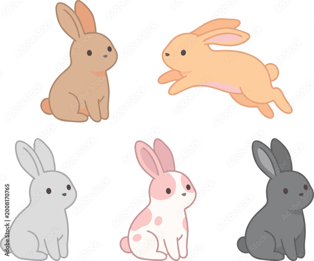 Fototapeta premium Cute Rabbit Cartoon Character Set Vector Illustration with Bunny in Sitting and Jumping Poses Different Colors Animal Collection Isolated on White Background