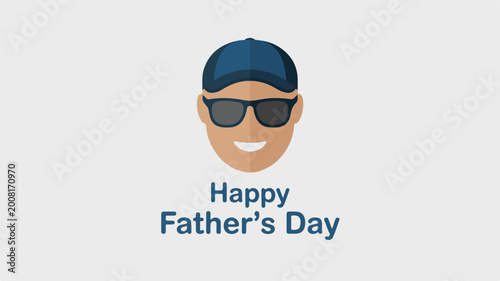 Happy Fathers Day text with flat illustration of man in blue cap