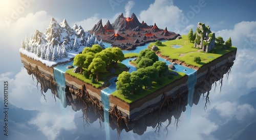 Floating island with diverse biomes and waterfall
