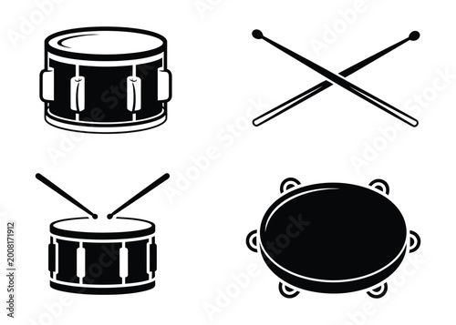 Valokuva Set of black silhouette icons representing musical percussion instruments drums