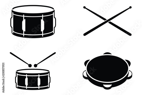 Cuadro en lienzo Set of black silhouette icons representing musical percussion instruments drum