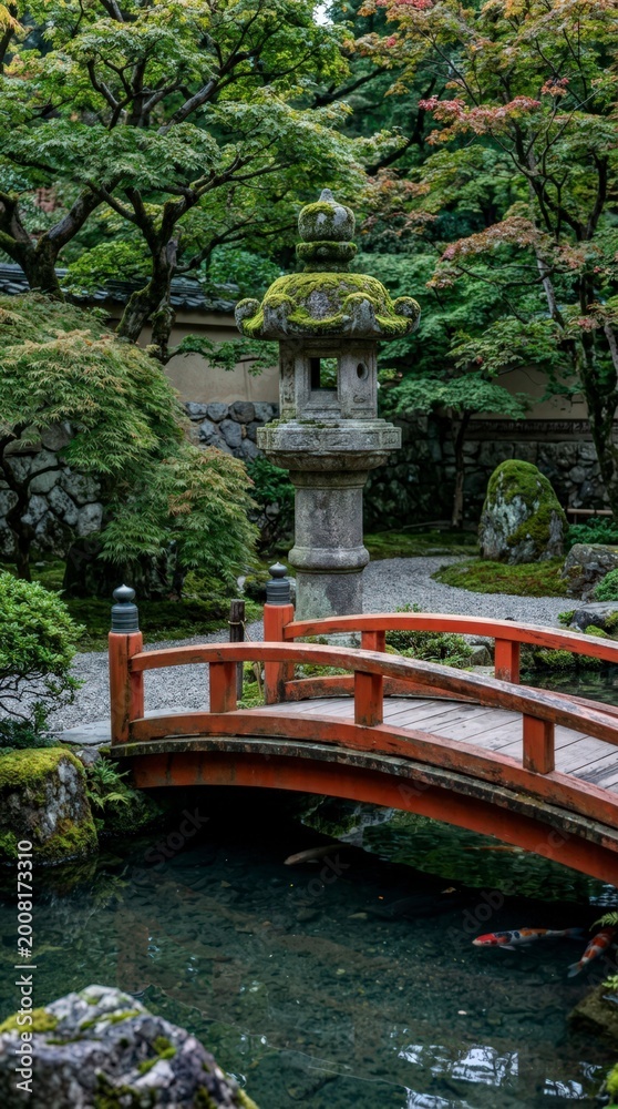 Obraz premium Japanese garden with red bridge and koi pond