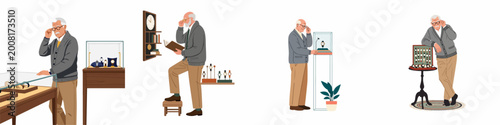 Quadro su tela Flat illustration set of an elderly man examining his extensive collection of antique and modern wristwatches in various display settings